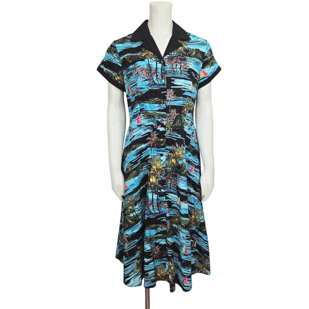 Unique Vintage Shirt Dress Womens M 6-8 Blue Tropical Hawaiian Sailboat Flare
